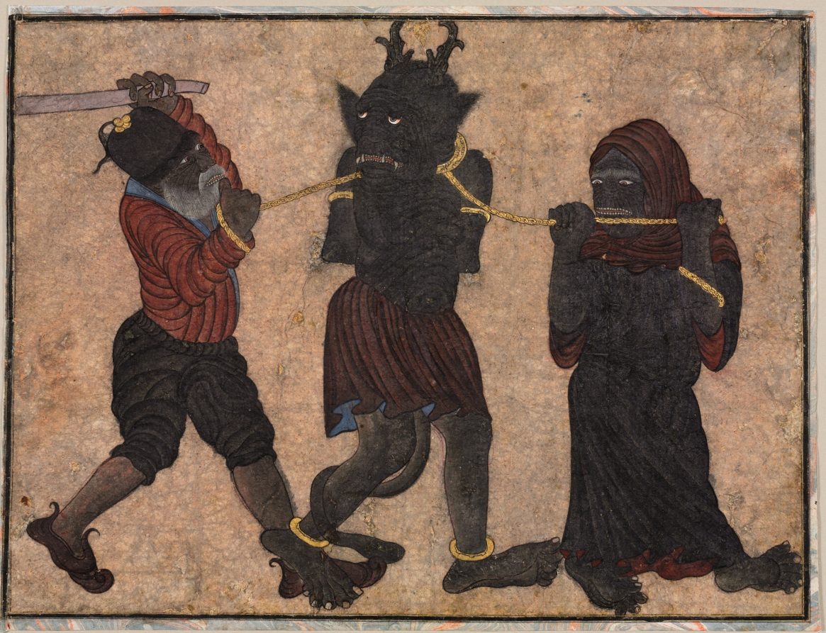Ink drawing of a chained demon led by two men, in the Siyah Qalam style